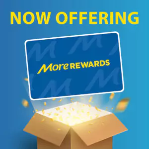 A blue "More Rewards" card hovers above an open box with light and golden confetti, under the text "Now Offering" on a blue background.