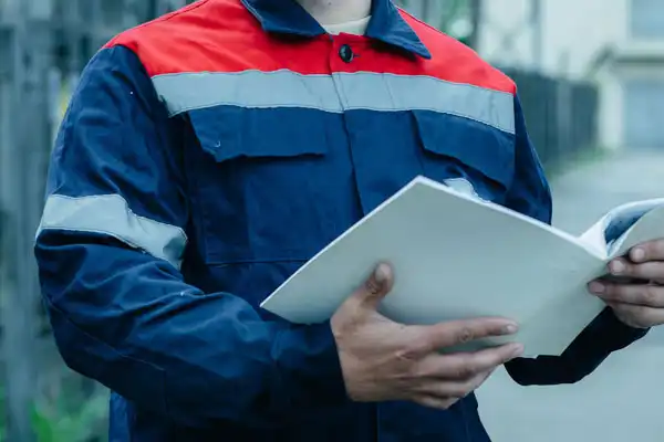 Person wearing a blue and red uniform holding an open folder outdoors, possibly conducting an Electrical Safety Inspection.