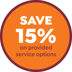Orange circular badge with the text "SAVE 15% on provided service options" in white and purple letters—learn more about us to discover additional savings.