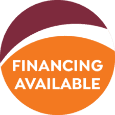 A circular graphic with a maroon and orange background featuring the text "Financing Available" in white capital letters.