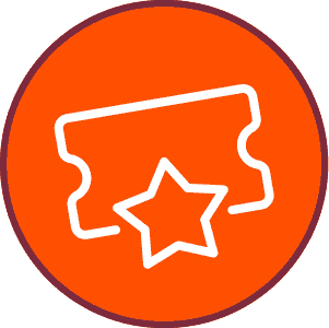 White ticket outline with a star in the center on an orange circular background with a maroon border, perfect for highlighting your Refer a Friend promotion.