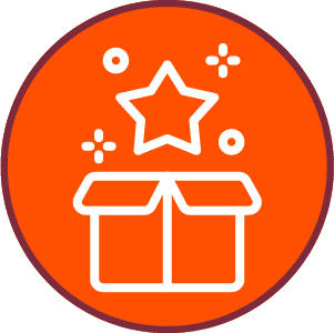 A white outline of an open box with a star and sparkles above it, symbolizing "Refer a Friend," centered on an orange circle with a dark border.
