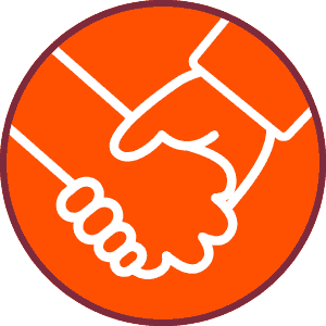 White outline of two hands shaking inside an orange circle with a dark red border, symbolizing "Refer a Friend.