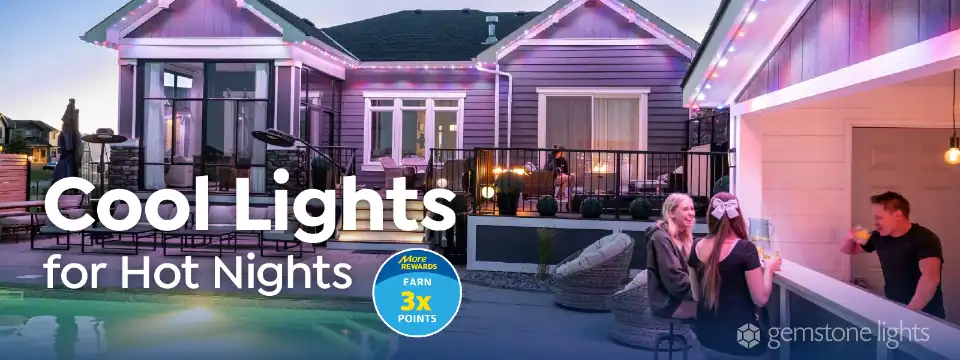 A backyard at dusk with colorful LED lights on a house, people socializing by a pool and bar, plus text about rewards points from Gemstone Lights. Learn more about us and our innovative lighting solutions.