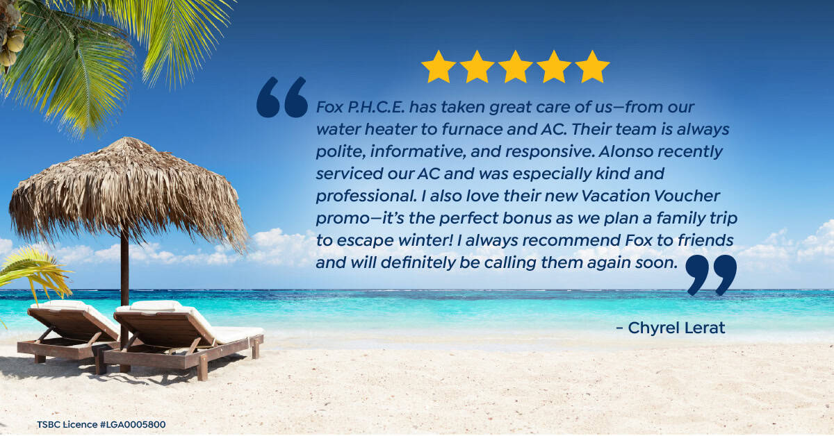A five-star customer review for Fox P.H.C.E. is displayed over a tropical beach scene with a thatched cabana, two lounge chairs, and palm trees.