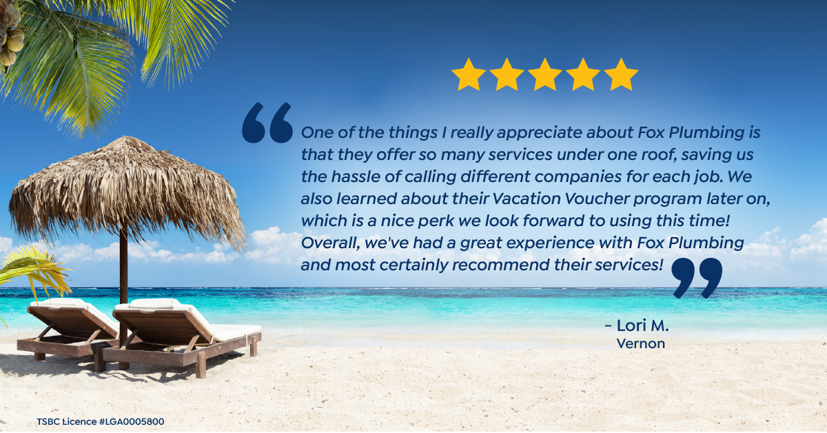 A five-star customer testimonial for Fox Plumbing is displayed on a tropical beach background, with text praising their service and vacation voucher perk.