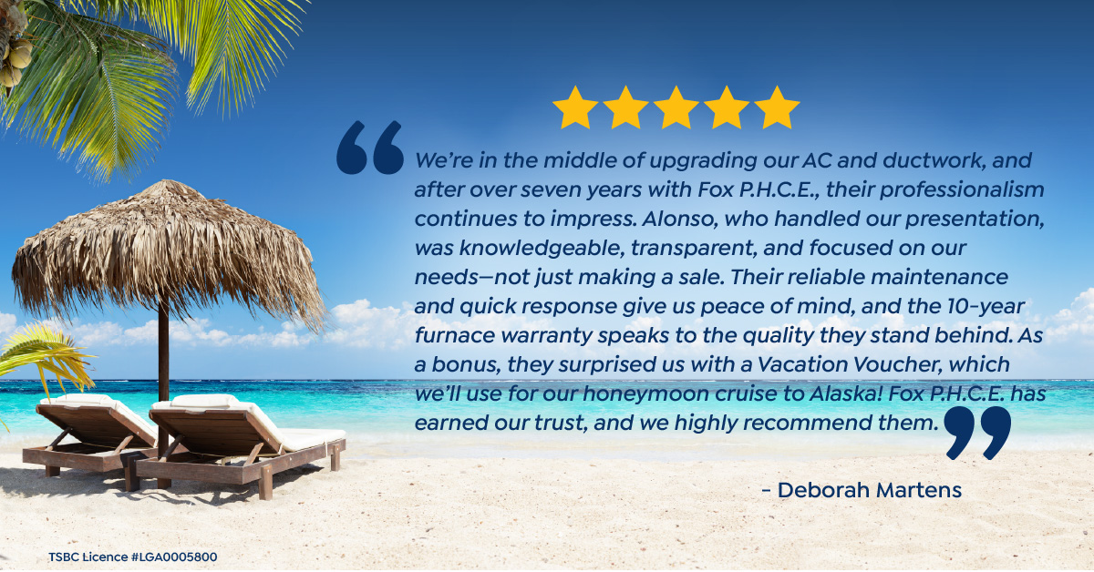 Two lounge chairs and a thatched umbrella sit on a tropical beach. A customer testimonial with five stars appears above, praising Fox P.H.C.E.'s service and professionalism.