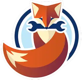 Stylized fox logo holding a wrench in its mouth, with a circular background featuring blue and white colors.
