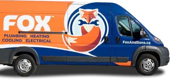 A van with "FOX Plumbing • Heating • Cooling • Electrical" branding, featuring a fox logo holding wrenches and the website FoxAndSons.ca on the side, proudly serves Vernon—find more on our Homepage.