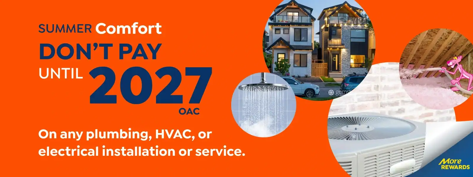 Promotional banner for home services showing houses, shower, attic insulation, and HVAC unit, with text offering no payment until 2027 on plumbing, HVAC, or electrical installation or service.