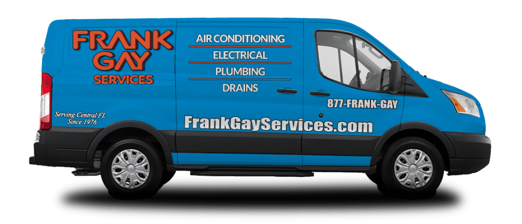 Blue service van with "Frank Gay Services" logo, offering air conditioning, electrical, plumbing, and drain services. Includes phone number and website: 877-FRANK-GAY, FrankGayServices.com.