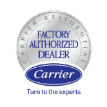 Logo of Carrier Factory Authorized Dealer with a silver circular design and the text "Turn to the experts" at the bottom.