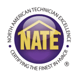 Purple NATE logo with yellow text inside a house silhouette. Surrounding text reads: "North American Technician Excellence, Certifying the Finest in HVACR.