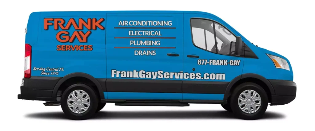 Blue service van labeled "Frank Gay Services," offering air conditioning, electrical, plumbing, and drains. Contact info and website on the side.