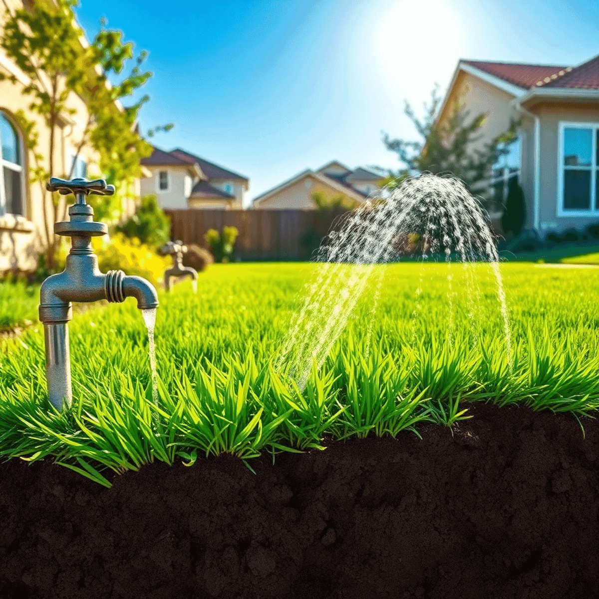 A close-up of a water faucet and sprinkler irrigating a green lawn in a suburban neighborhood on a sunny day, serving as a useful guide for maintaining outdoor plumbing.