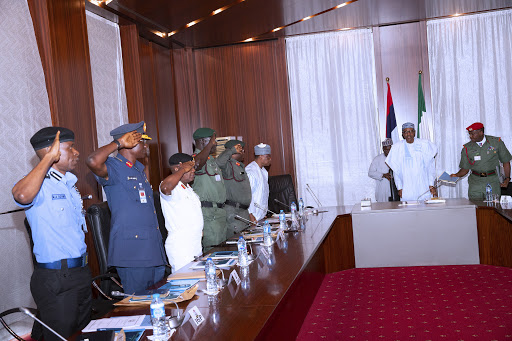 PRESIDENT BUHARI PRESIDES OVER SECURITY MEETING 1A&B. R-L; President Muhammadu Buhari, Minister of Defence, Brig Gen Mansur Dan Ali, Chief of Defence Staff, General Abayomi Olonisakin, Chief of Army Staff, Lt Gen T.Y Buratai, Chief of Naval Staff Vice Admiral Ibok Ekwe Ibas, Representatives of Chief of Air Staff, Chief of Training and Operations (CTOPS), Air Vice Marshal EO Anebi and Acting Inspector General of Police,  Mohammed Abubakar Adamu during a Security Meeting at the State House Abuja. PHOTO; SUNDAY AGHAEZE. MAY 9 2019.