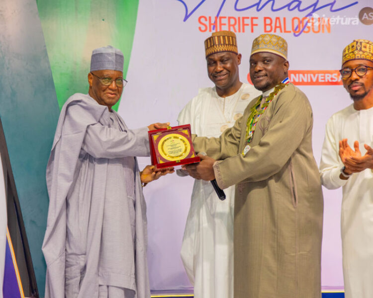 L-R: Chairman/CEO, Mainstream Energy Solutions Ltd, Col. Sani Bello, rtd, receiving receiving Lifetime Achievement Award in Business, Leadership & Philanthropy from the newly inaugurated national president of the Nigerian-American Chamber of Commerce (NACC), Alhaji Sheriff Balogun, while the President/CEO, African Finance Corporation, Mr. Samaila Zubairu, looks on at the 65th anniversary and 20th presidential inauguration dinner of the NACC held at the prestigious Lagos Continental Hotel, Victoria Island, Lagos recently.