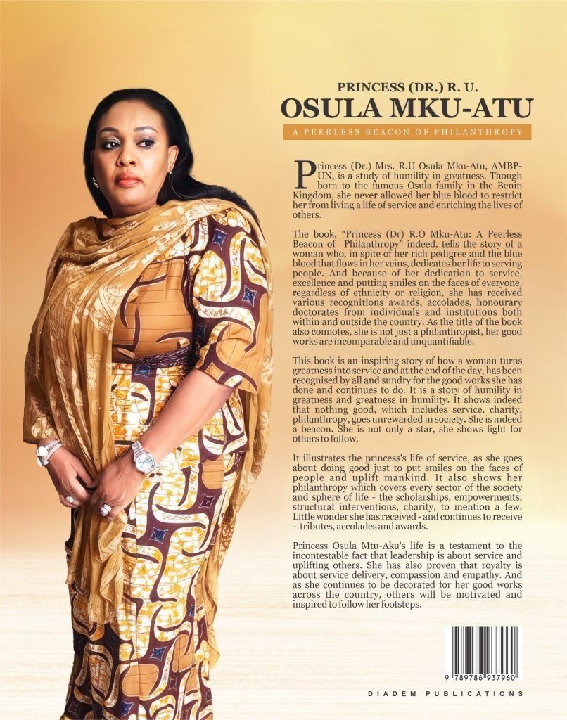 Princess Dr. R.U Osula Mku-Atu in traditional attire, symbolising humility and philanthropy, celebrating her inspiring life of service and leadership as a beacon of kindness and dedication.