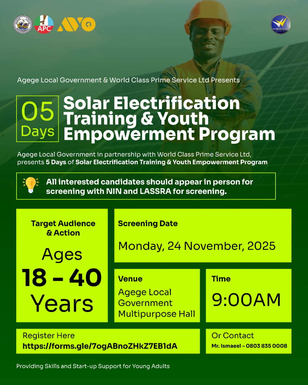 Solar electrification training and youth empowerment program poster promoting a 5-day solar training event in Agege, Nigeria, targeting young adults aged 18-40, with details on registration, screening, and programme highlights.
