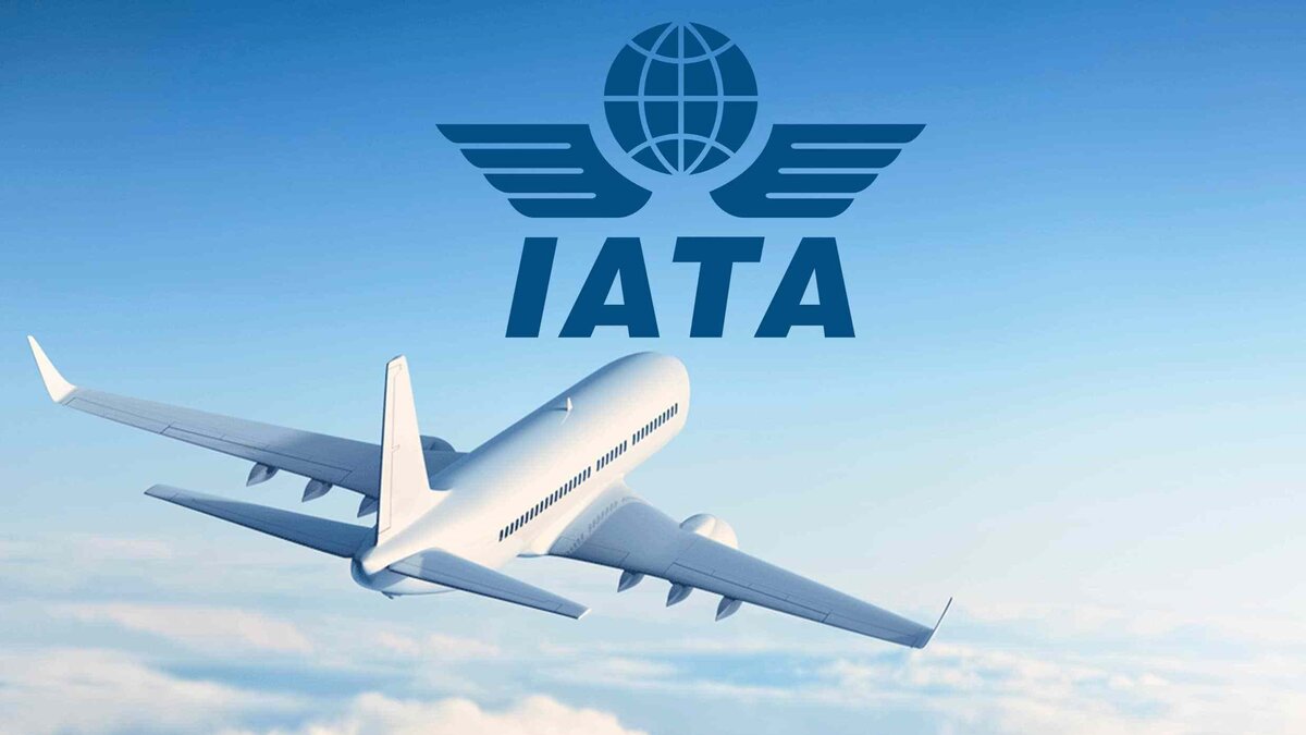 Modern commercial airplane flying high with the IATA logo in the sky, symbolising international air travel and aviation industry standards.