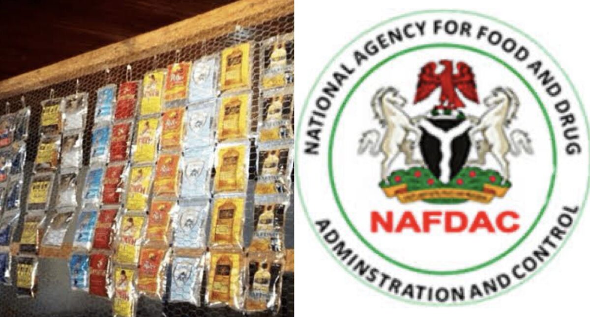 Bags of spice and food ingredients hanging on display, alongside the logo of the National Agency for Food and Drug Administration and Control (NAFDAC) of Nigeria, indicating food regulation and safety standards.