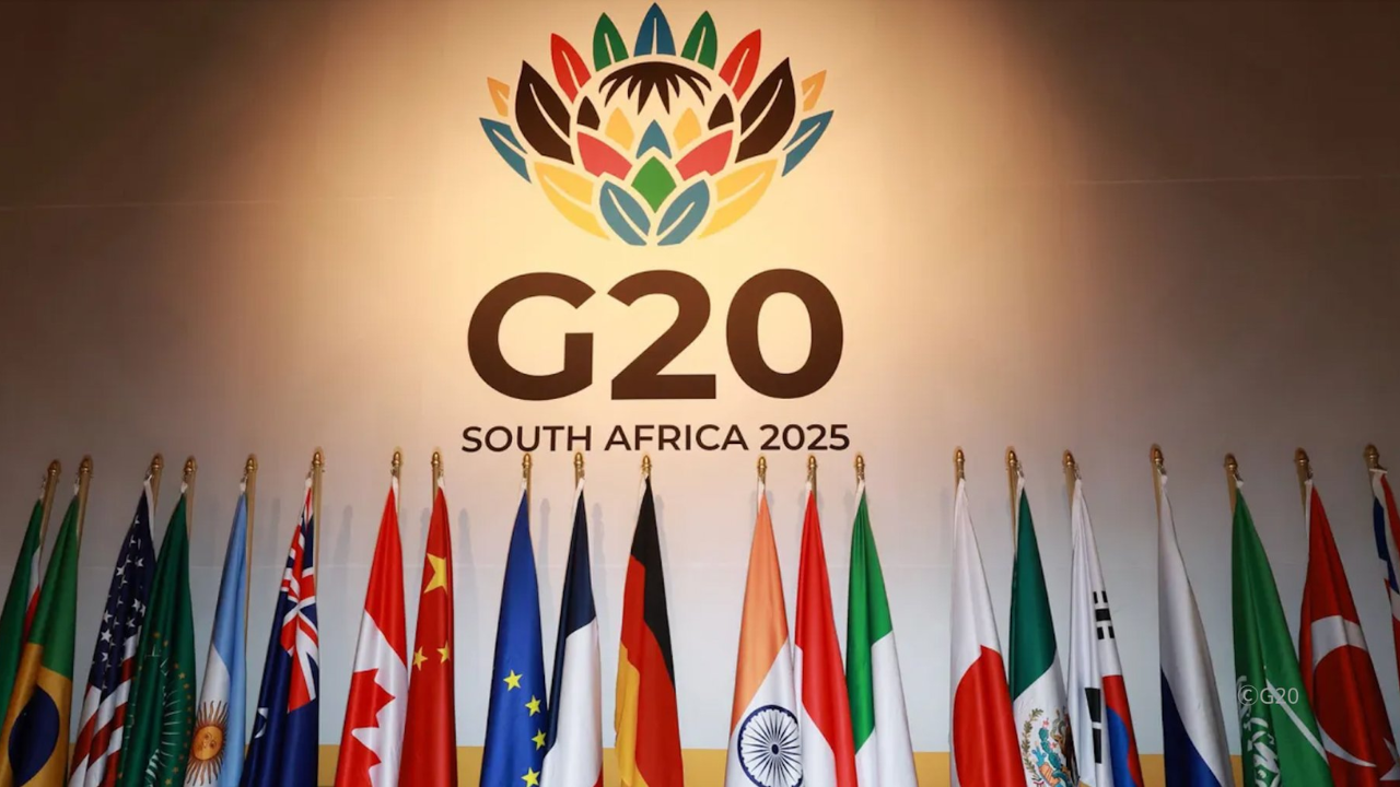 Vibrant display of national flags at G20 South Africa 2025 summit, featuring diverse countries coming together for global cooperation and leadership.