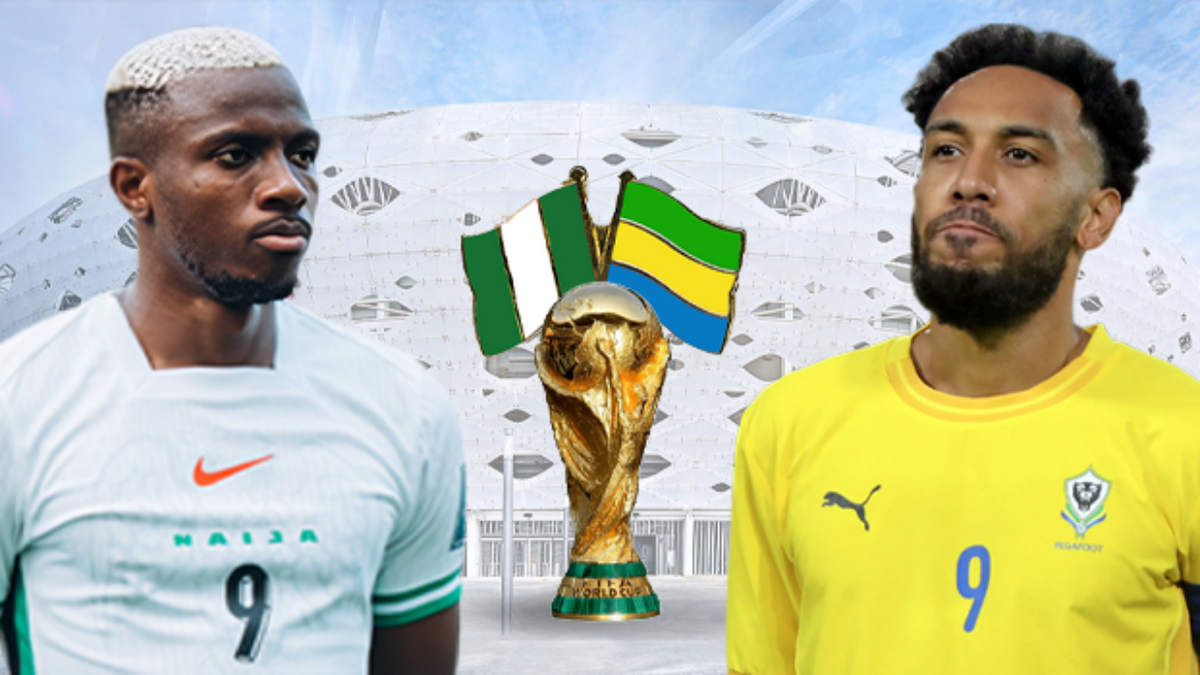 Upcoming Africa Cup of Nations clash featuring football players from Nigeria and Tanzania with stadium in the background.