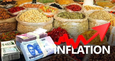 Money and price inflation graph with cash, fruits, and a rising arrow, representing economic inflation trends.