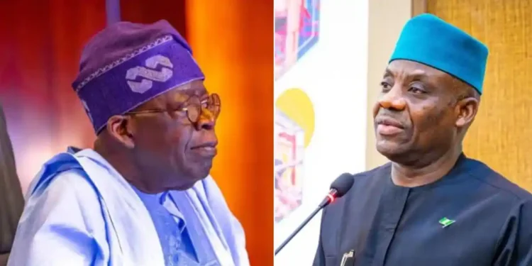 Highly detailed image of two prominent Nigerian political figures engaged in a serious discussion, wearing traditional attire and headgear, capturing a moment of political significance and leadership in Nigeria.
