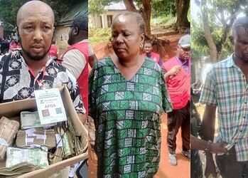 Money handler with cash and banknotes, community event, local politics, financial support, income distribution, public service, economic empowerment, African context, rural development, grassroots activity, fundraising, charity work.