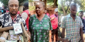 Money handler with cash and banknotes, community event, local politics, financial support, income distribution, public service, economic empowerment, African context, rural development, grassroots activity, fundraising, charity work.