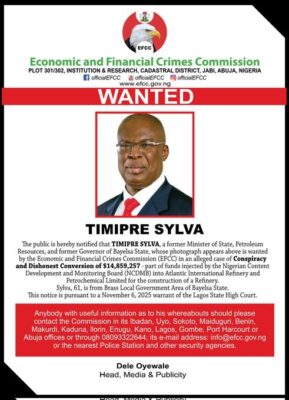 Economic and Financial Crimes Commission wanted poster for Timire Sylva, former Governor of Bayelsa State, Nigeria, featuring his photograph and details about his legal issues and ongoing investigation.