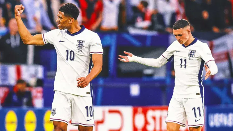 England football players celebrating during a match, wearing white kits with navy details, on a vibrant stadium pitch. Focus on player number 10 and 11, showcasing teamwork and national team spirit in international football.