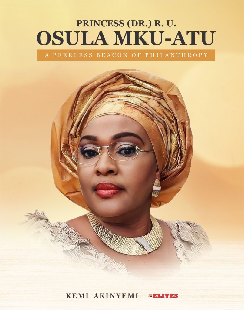 Heritage leader Princess Dr. Osula Mku-atu wearing traditional Nigerian attire with head wrap, glasses, and jewellery. Esteemed figure known for philanthropy and transformational leadership.