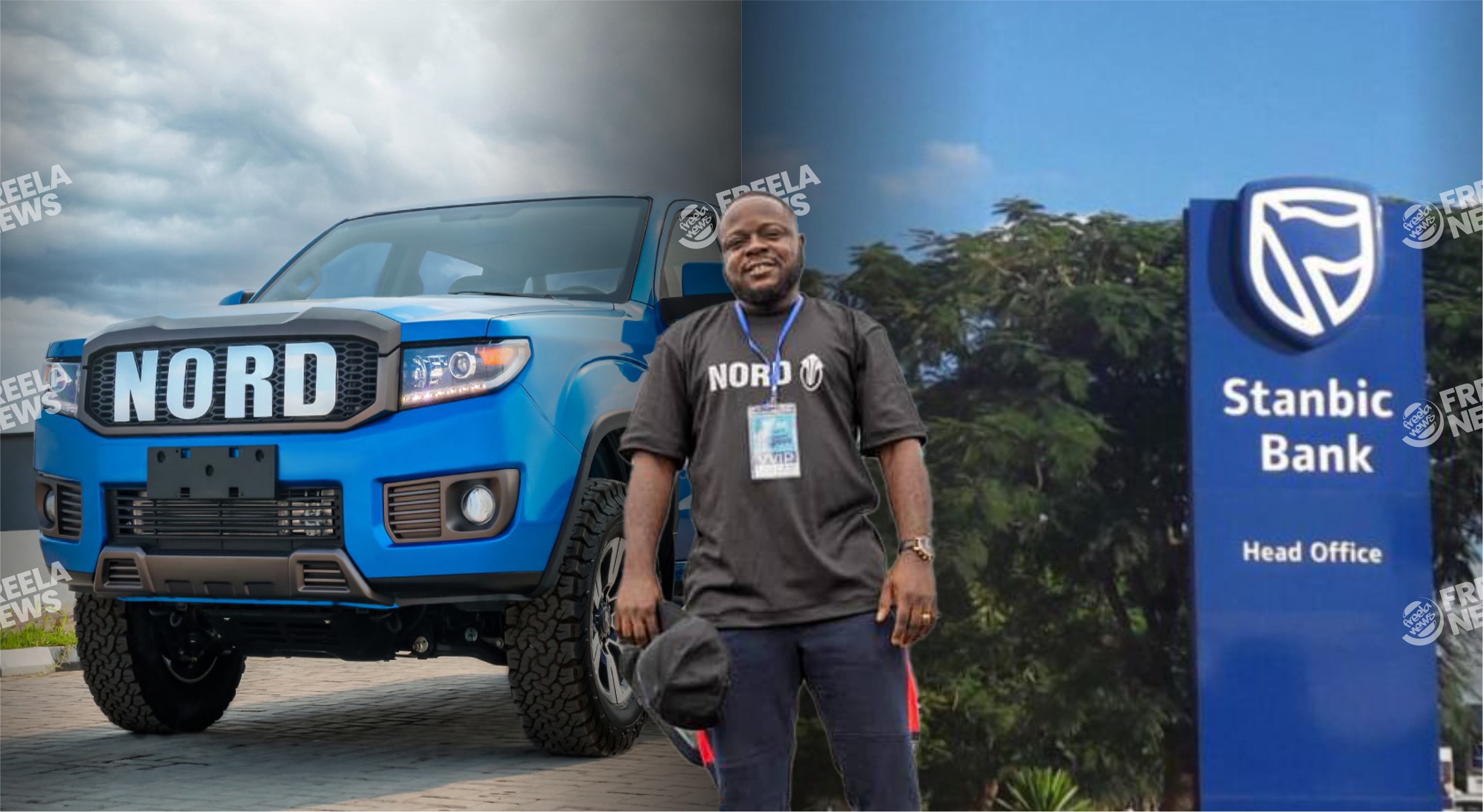 Nord-branded man standing in front of a blue off-road vehicle and a Stanbic Bank sign, at a corporate event or exhibition; highlighting automotive and banking industry partnership.