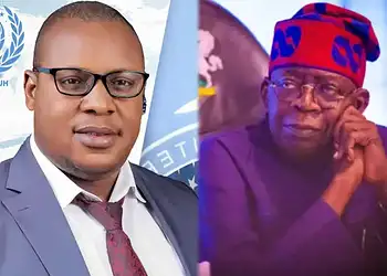 Official portrait of a young man in a suit and glasses with the United Nations logo in the background, representing diplomacy or international relations.
