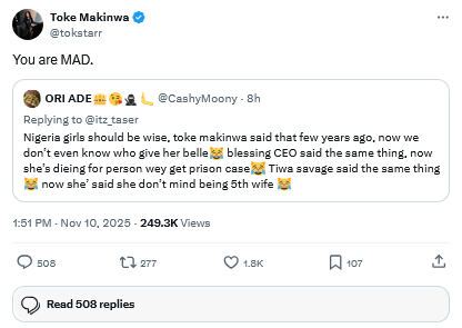Toke Makinwa is mad