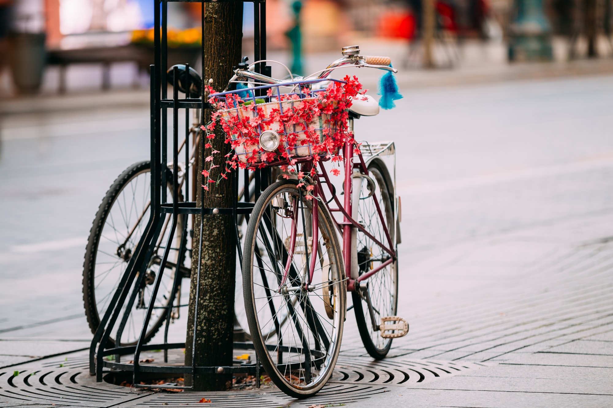 Female Bicycle Equipped Basket With Decorative Flowers Parked In