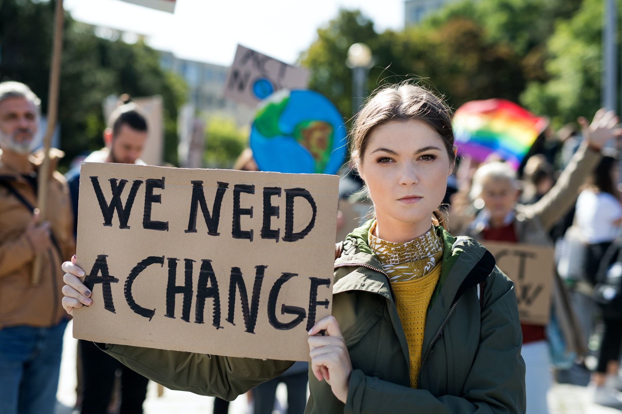 People with placards and posters on global strike for climate change.