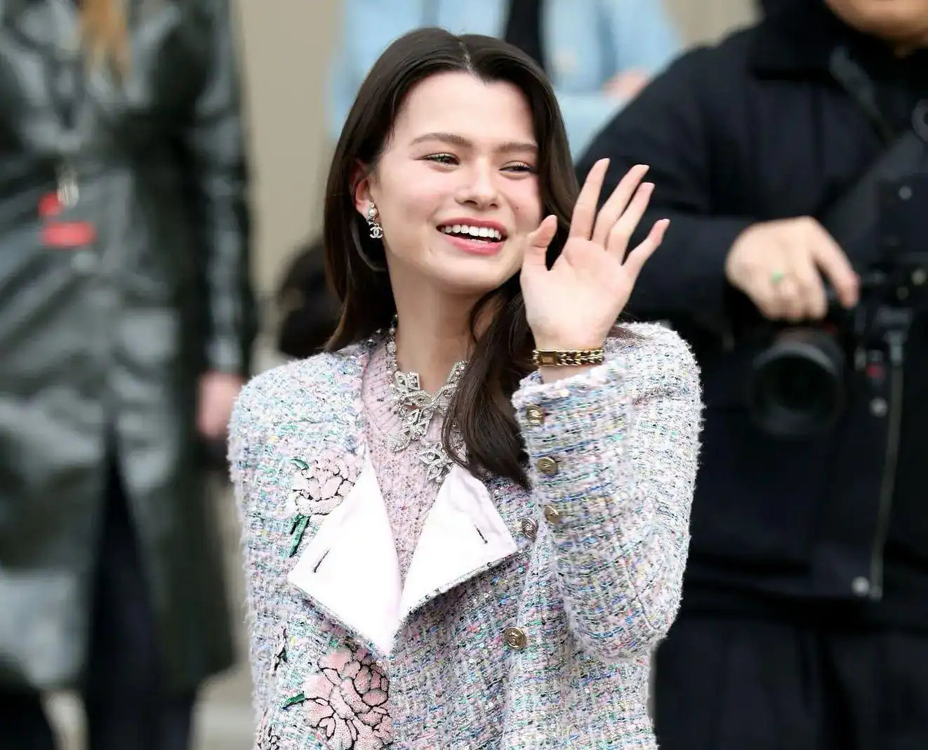 Becky Armstrong photographed during Paris Fashion Week wearing Chanel.