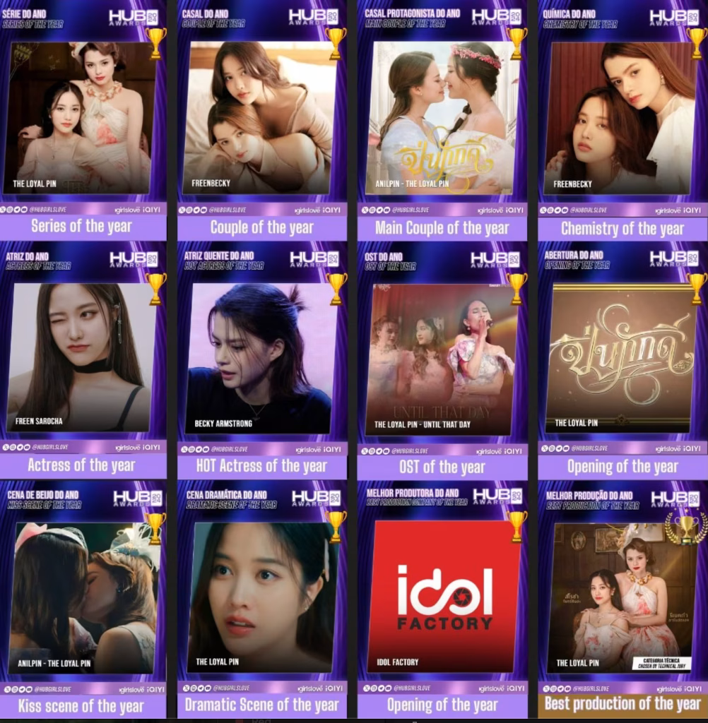 Freen and Becky holding trophies at HUB Awards 2025 celebrating 12 wins.