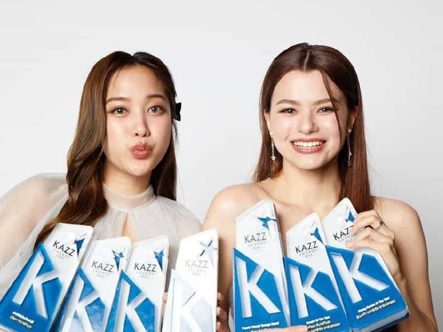 Freen and Becky holding multiple KAZZ awards 2023.