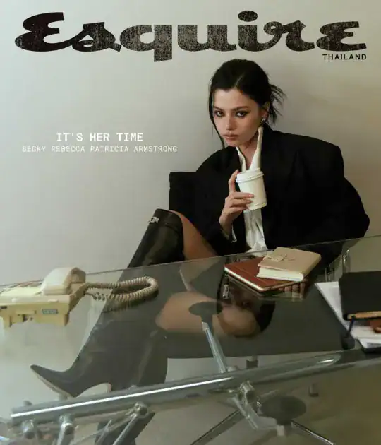 Becky Armstrong in an Esquire 2025 editorial photoshoot, posing in a high-fashion portrait.