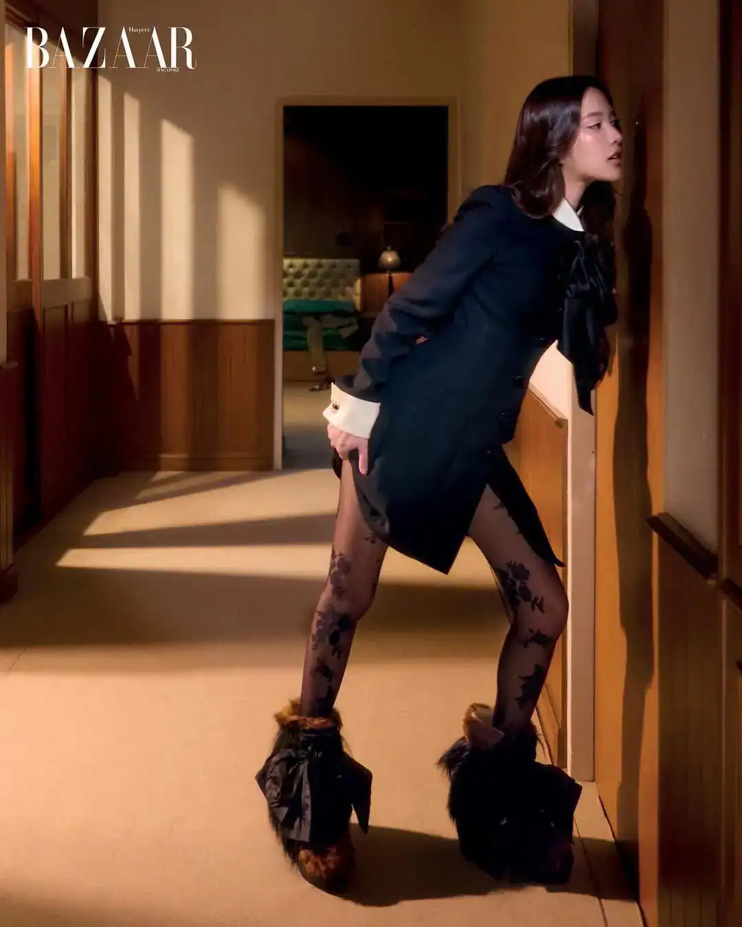 Freen Sarocha featured prominently on the September 2025 cover of Harper's Bazaar Singapore, showcasing a sleek, high-fashion look with poised elegance and modern style.