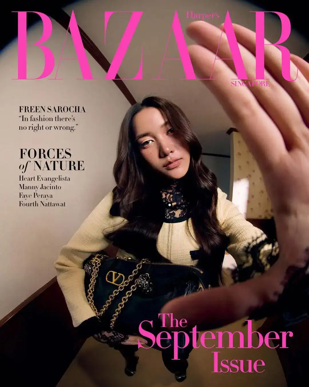 Freen Sarocha styled in an elegant Valentino ensemble for the September 2025 cover of Harper's Bazaar Singapore, radiating refined glamour and confidence