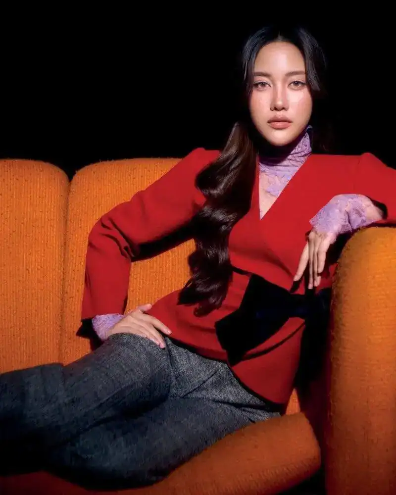 Freen Sarocha gracing the September 2025 cover of Harper's Bazaar Singapore, styled in a sophisticated high-fashion look, exuding elegance and poise.