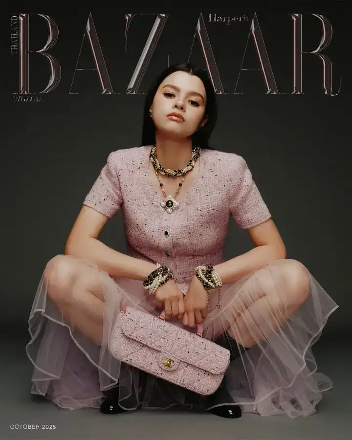 Becky Armstrong on the Harper’s Bazaar October 2025 magazine cover, posing in a high-fashion editorial look.