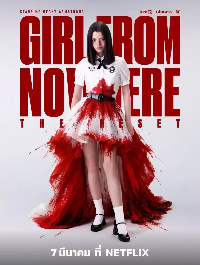 Becky Rebecca Armstrong styled with a dark, enigmatic look reminiscent of Nanno from Girl from Nowhere, wearing a confident expression with dramatic lighting and a moody background that enhances the mysterious atmosphere.