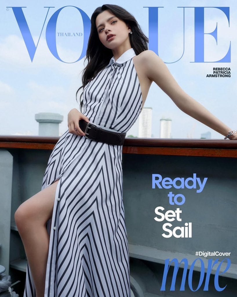 Becky Armstrong on the Vogue Thailand digital cover, June 2026, in a striped halter dress with a wide black belt