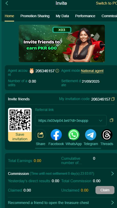 X03 bet Game referral program screenshot